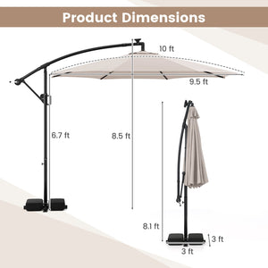 10 Feet Solar Offset Hanging Umbrella with Base and LED Lights-Beige by DirectDeals