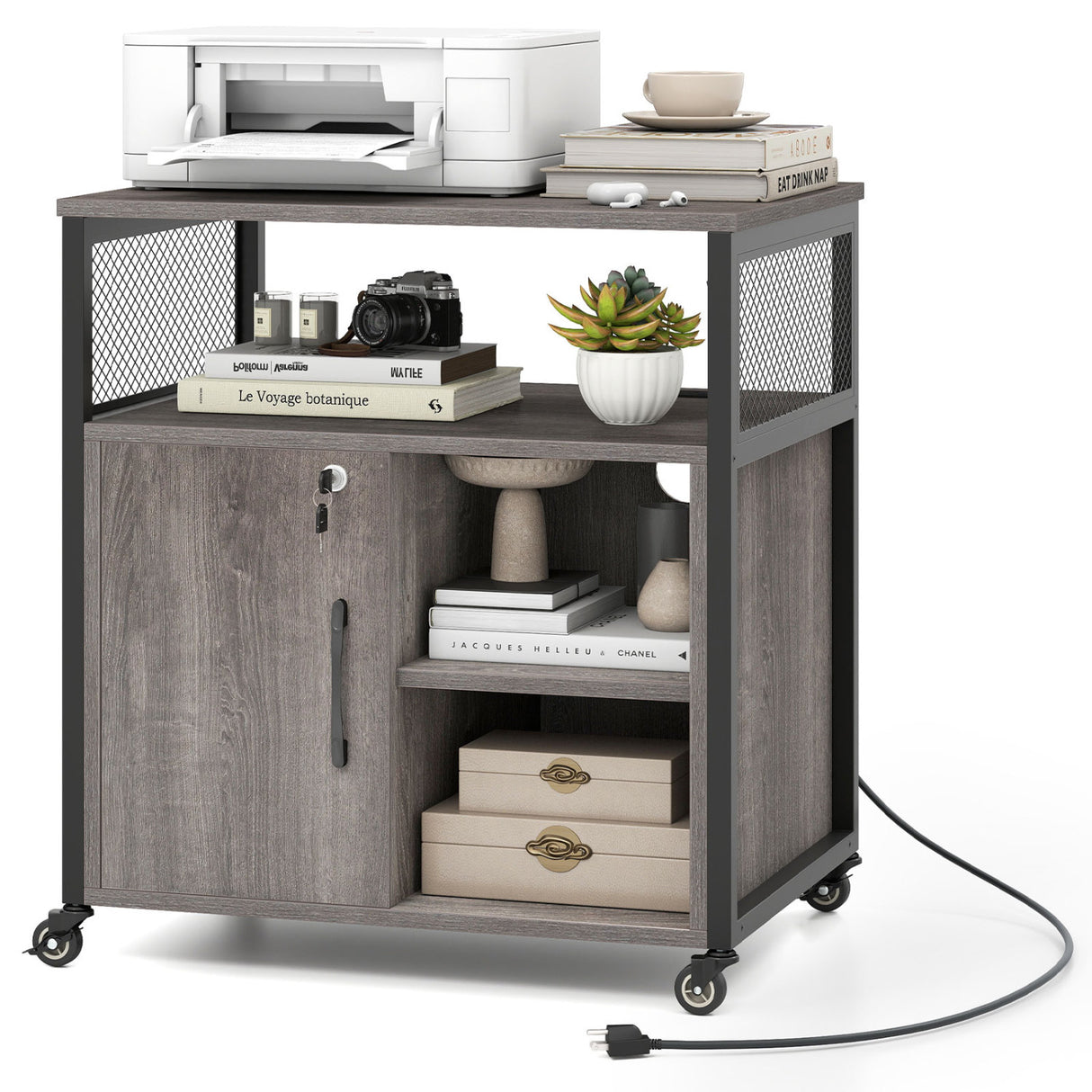 File Cabinet on Wheels with Charging Station and Cable Management Hole-Gray