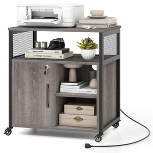 File Cabinet on Wheels with Charging Station and Cable Management Hole-Gray