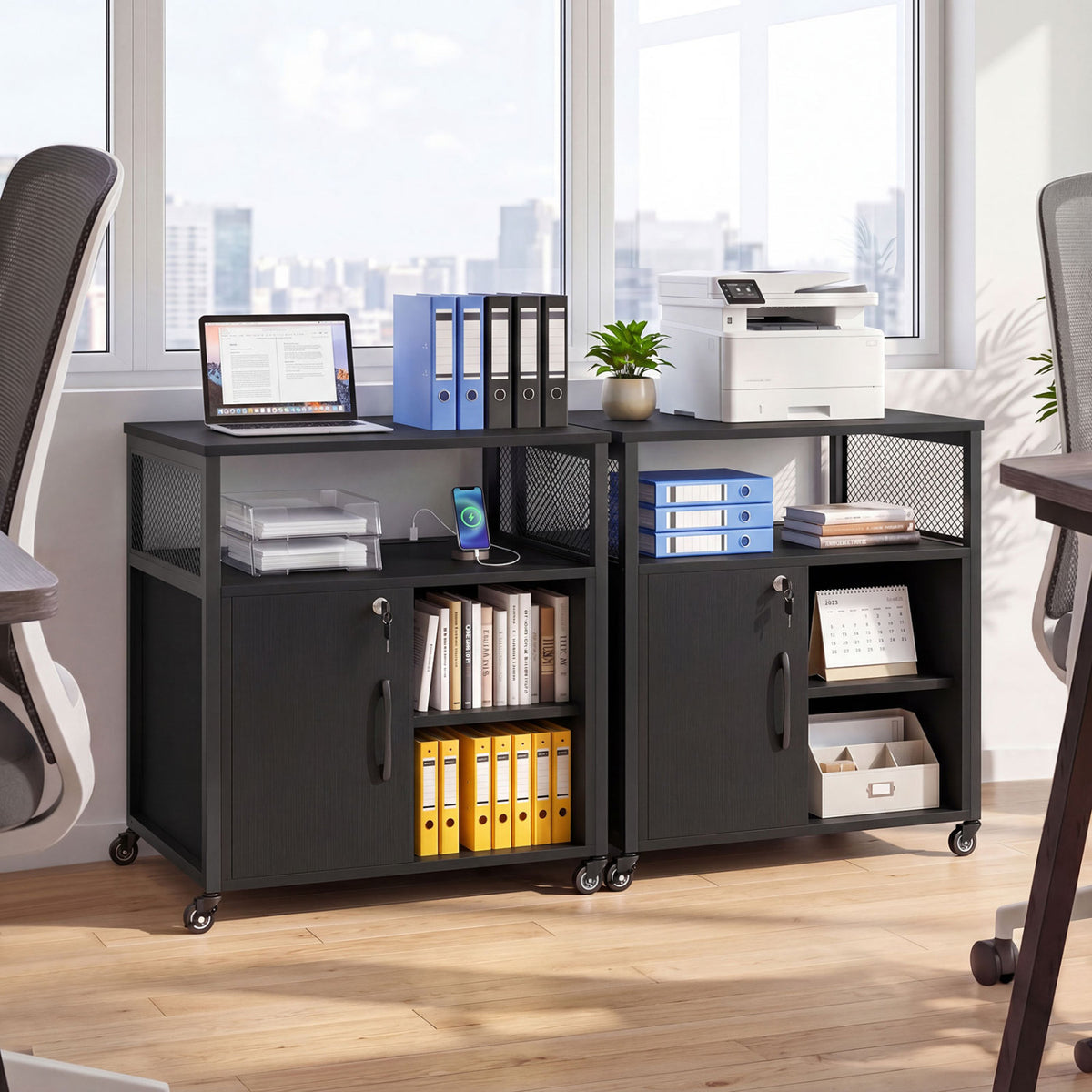 File Cabinet on Wheels with Charging Station and Cable Management Hole-Black