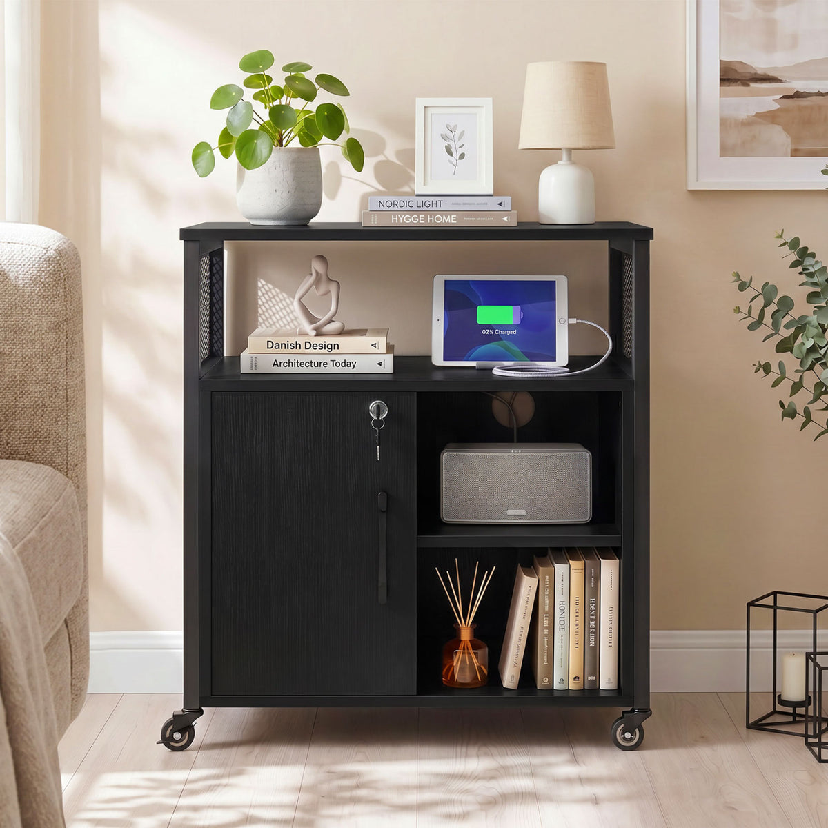 File Cabinet on Wheels with Charging Station and Cable Management Hole-Black