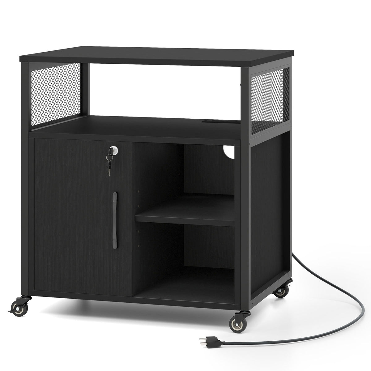 File Cabinet on Wheels with Charging Station and Cable Management Hole-Black