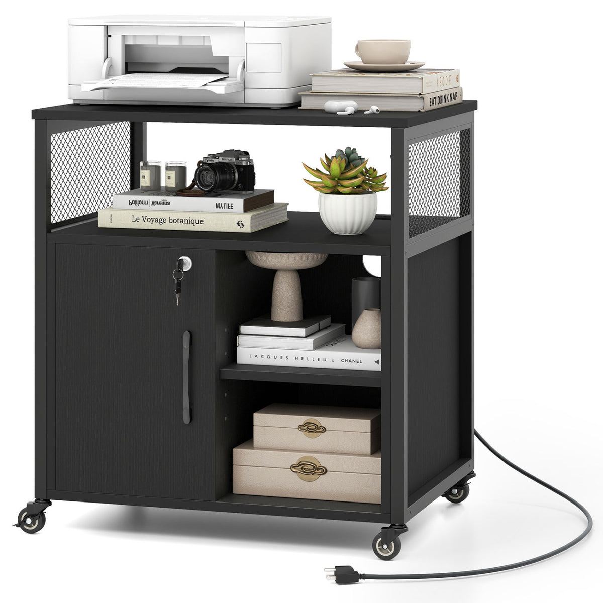File Cabinet on Wheels with Charging Station and Cable Management Hole-Black