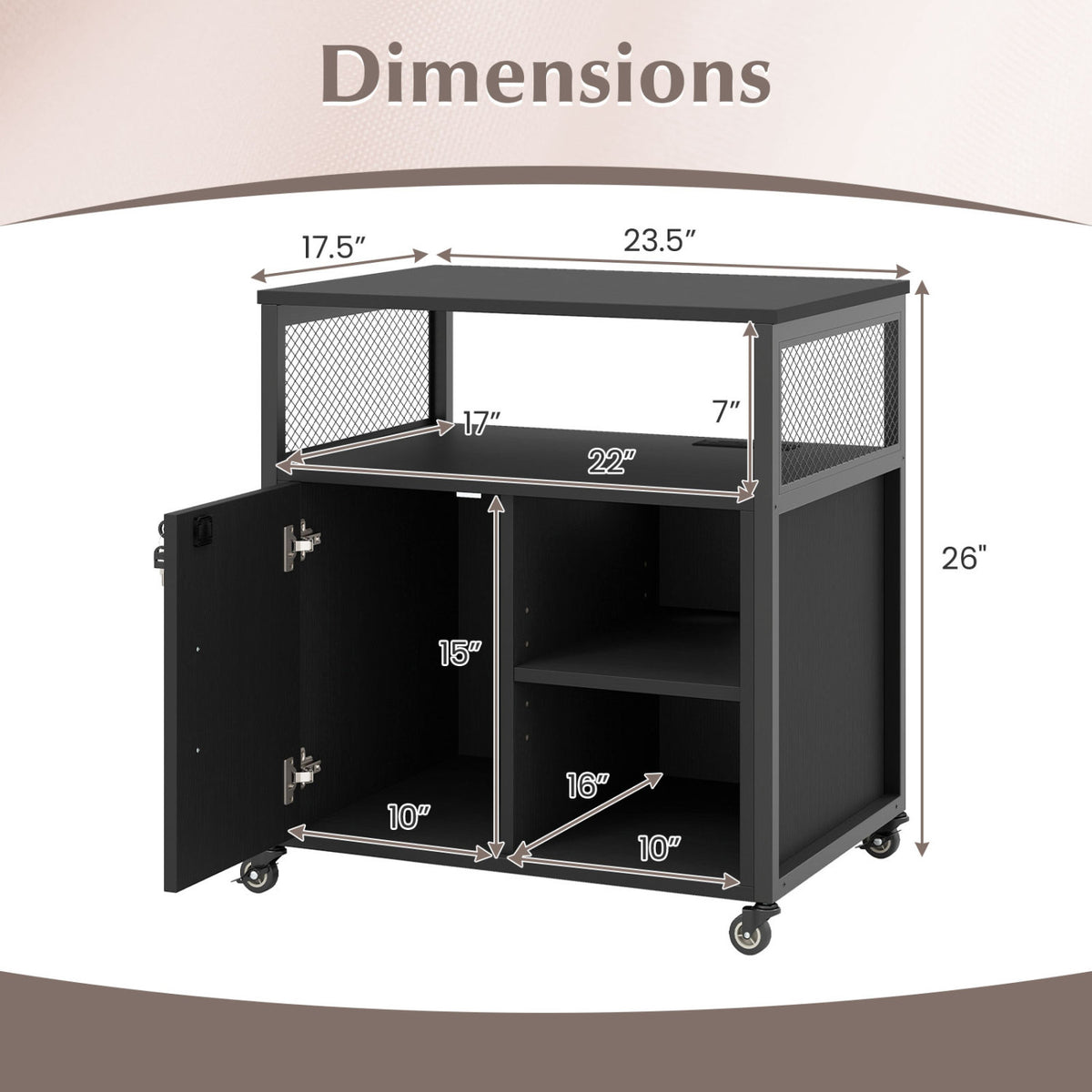 File Cabinet on Wheels with Charging Station and Cable Management Hole-Black