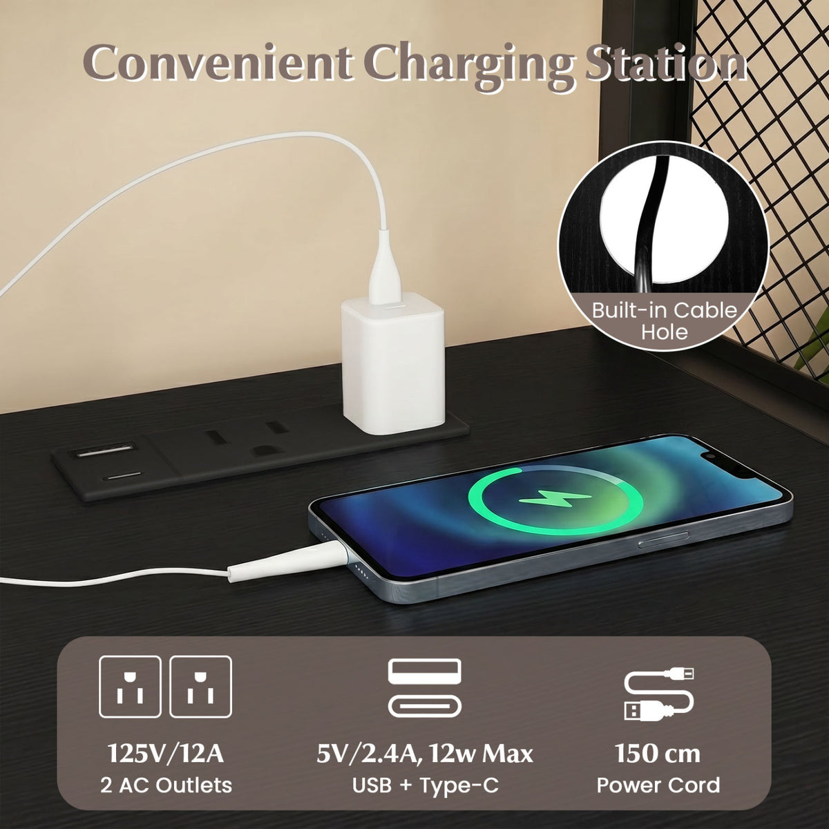 File Cabinet on Wheels with Charging Station and Cable Management Hole-Black