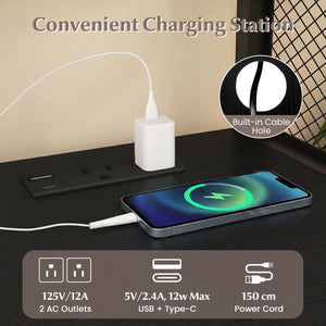 File Cabinet on Wheels with Charging Station and Cable Management Hole-Black