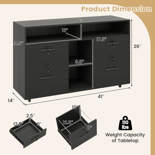 File Cabinet with Lock Mobile Lateral Filing Storage Organizer Modern Rolling Printer Stand-Black