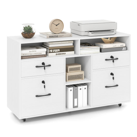 File Cabinet with Lock Mobile Lateral Filing Storage Organizer Modern Rolling Printer Stand-White