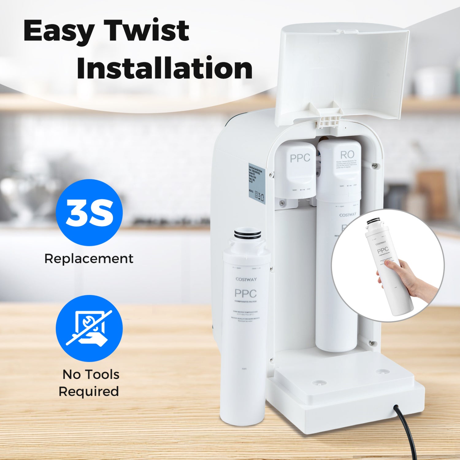 PPC Filter Replacement for Countertop Reverse Osmosis System Twist-in Install