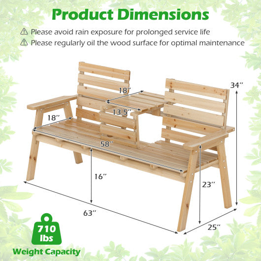 Outdoor Fir Wood Bench with Foldable Middle Table-Natural