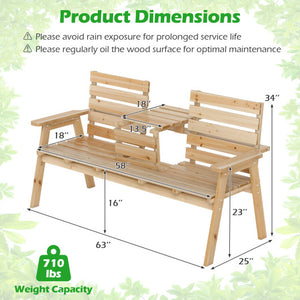 Outdoor Fir Wood Bench with Foldable Middle Table-Natural