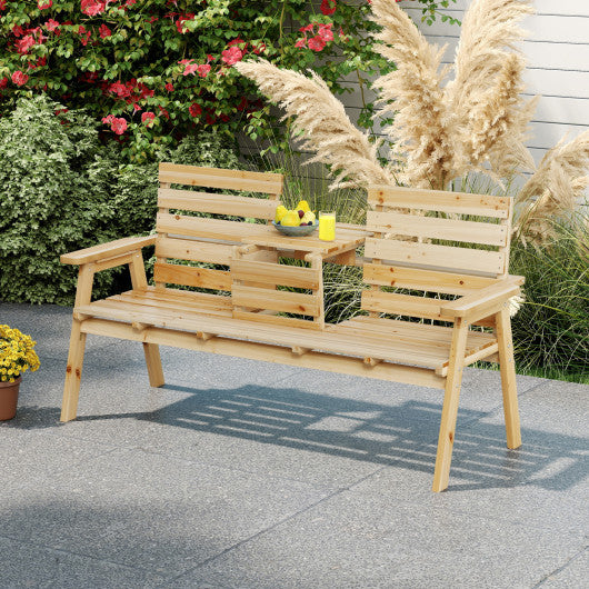 Outdoor Fir Wood Bench with Foldable Middle Table-Natural