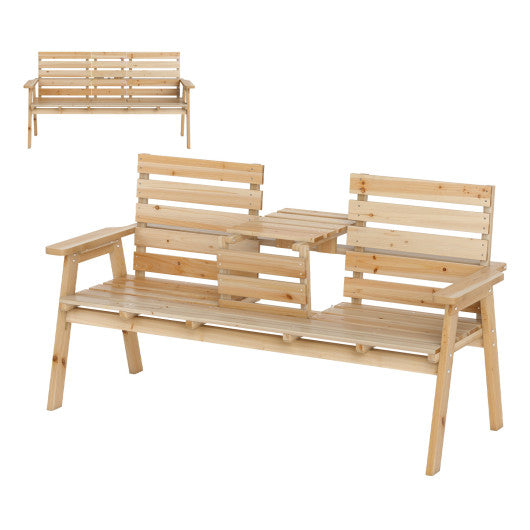 Outdoor Fir Wood Bench with Foldable Middle Table-Natural