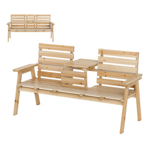 Outdoor Fir Wood Bench with Foldable Middle Table-Natural