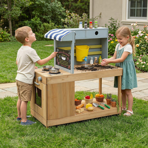 Fir Wood Kids Kitchen Playset with Canopy and Faucet-Natural