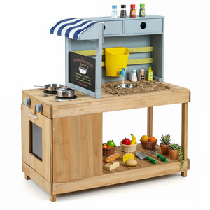 Fir Wood Kids Kitchen Playset with Canopy and Faucet-Natural