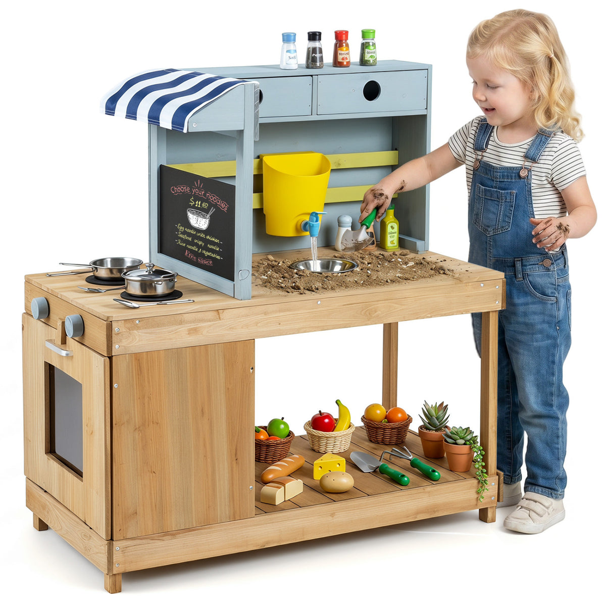 Fir Wood Kids Kitchen Playset with Canopy and Faucet-Natural