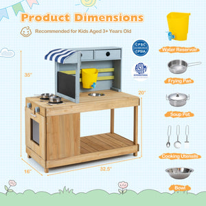 Fir Wood Kids Kitchen Playset with Canopy and Faucet-Natural