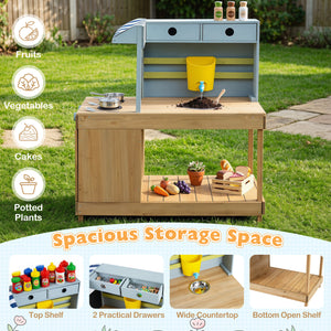 Fir Wood Kids Kitchen Playset with Canopy and Faucet-Natural