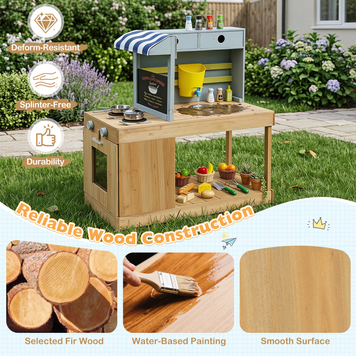 Fir Wood Kids Kitchen Playset with Canopy and Faucet-Natural