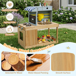 Fir Wood Kids Kitchen Playset with Canopy and Faucet-Natural