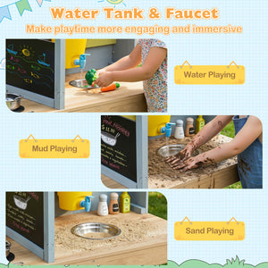 Fir Wood Kids Kitchen Playset with Canopy and Faucet-Natural