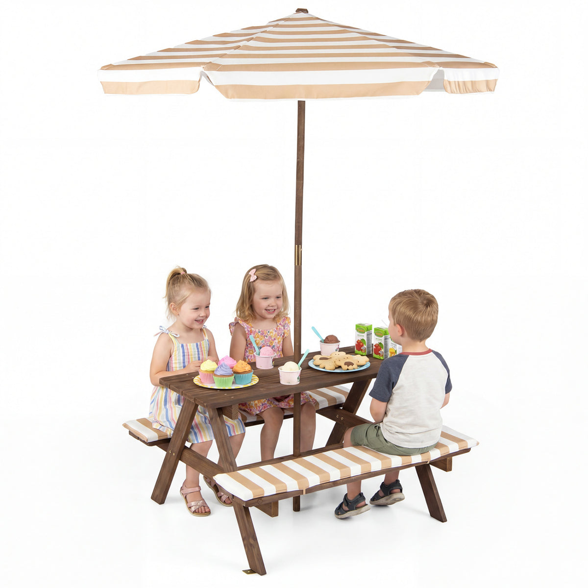 Fir Wood Kids Picnic Table with 2 Built-in Benches and Umbrella-Coffee