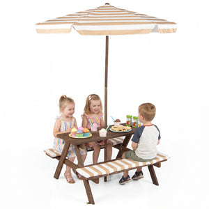 Fir Wood Kids Picnic Table with 2 Built-in Benches and Umbrella-Coffee