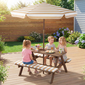 Fir Wood Kids Picnic Table with 2 Built-in Benches and Umbrella-Coffee