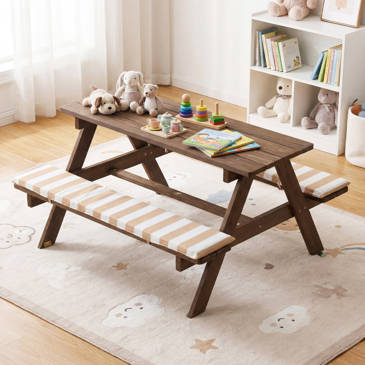 Fir Wood Kids Picnic Table with 2 Built-in Benches and Umbrella-Coffee