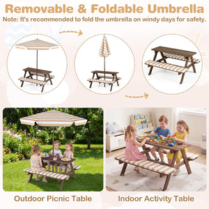 Fir Wood Kids Picnic Table with 2 Built-in Benches and Umbrella-Coffee