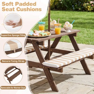 Fir Wood Kids Picnic Table with 2 Built-in Benches and Umbrella-Coffee