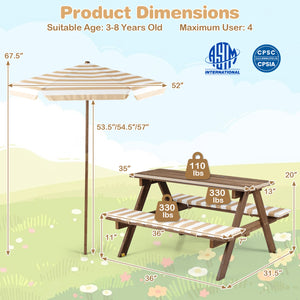 Fir Wood Kids Picnic Table with 2 Built-in Benches and Umbrella-Coffee