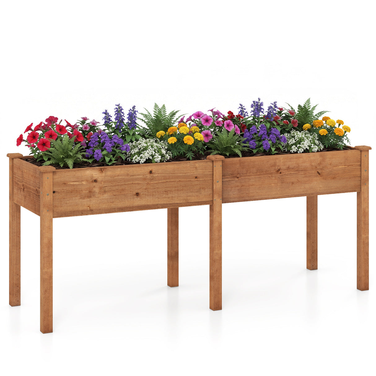 Fir Wood Outdoor Raised Garden Bed with Divider Panel and Drainage Holes-Yellow