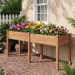 Fir Wood Outdoor Raised Garden Bed with Divider Panel and Drainage Holes-Yellow