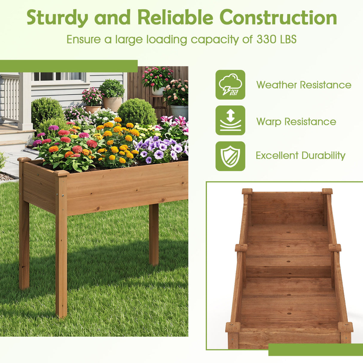 Fir Wood Outdoor Raised Garden Bed with Divider Panel and Drainage Holes-Yellow