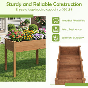 Fir Wood Outdoor Raised Garden Bed with Divider Panel and Drainage Holes-Yellow