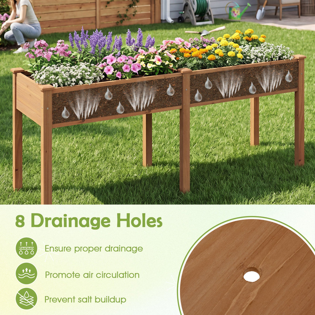 Fir Wood Outdoor Raised Garden Bed with Divider Panel and Drainage Holes-Yellow