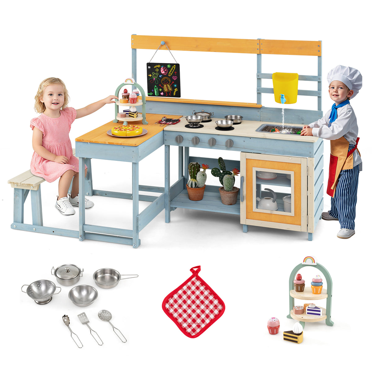 Fir Wood Play Kitchen with Kids Picnic Table and Built-in Bench-Gray