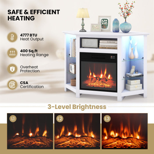 Fireplace Corner TV Stand with LED Lights and Smart APP Control for 50 Inches TV-White