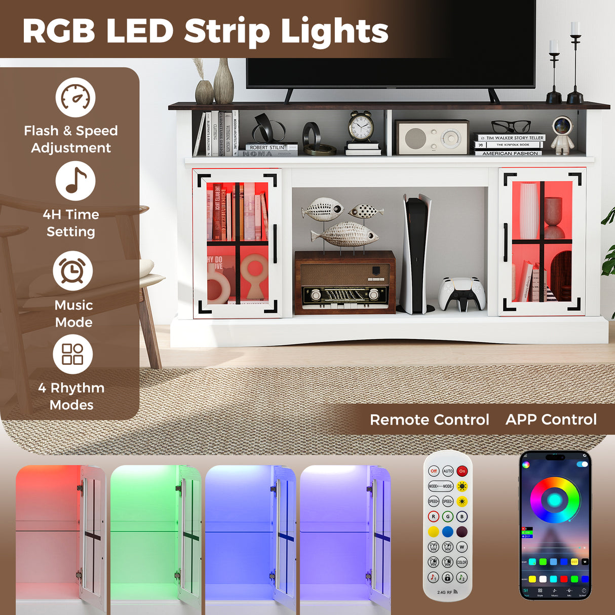 TV Stand with LED Lights and Remote Control-White