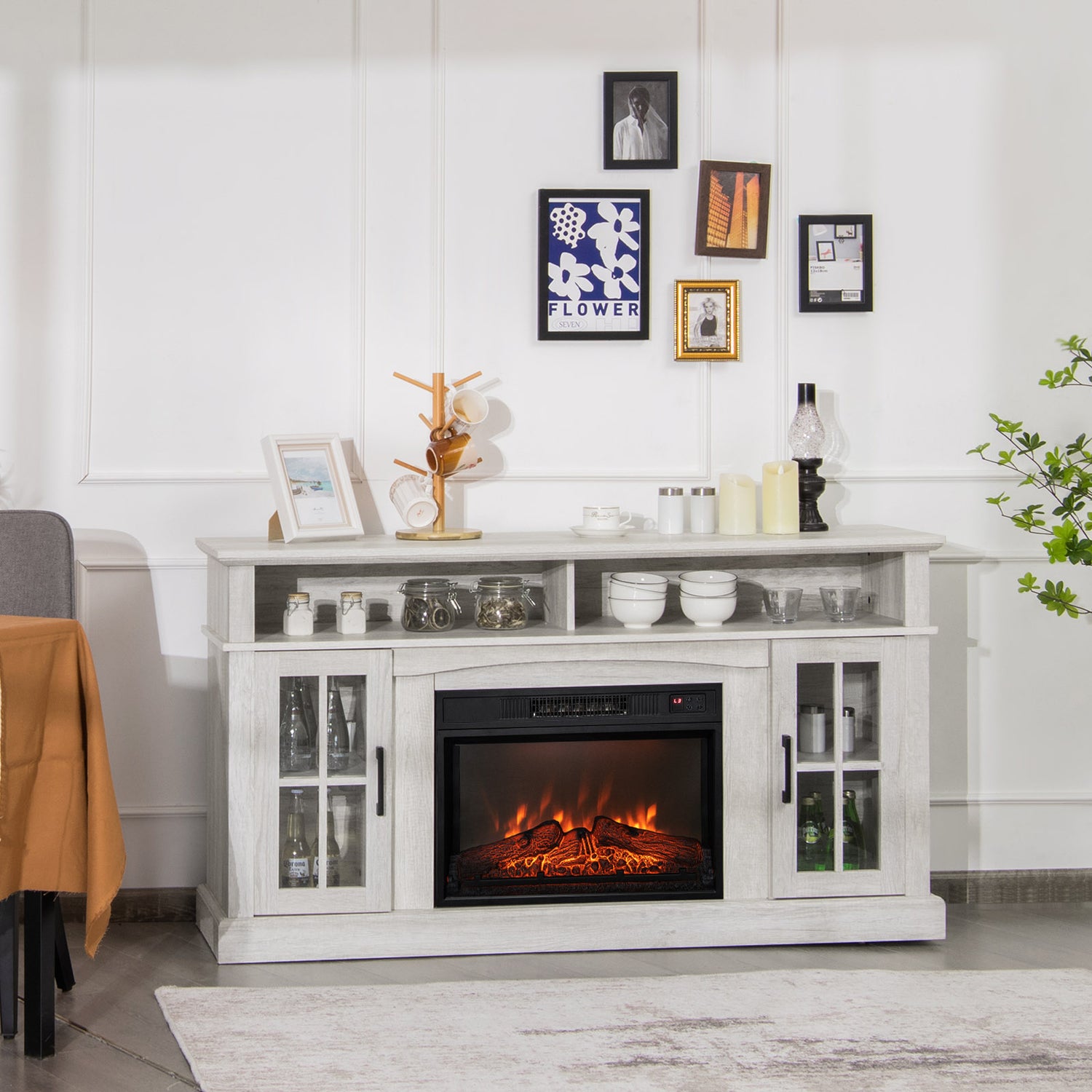 Fireplace TV Stand for TVs Up to 65 Inch with Side Cabinets and Remote Control-Black