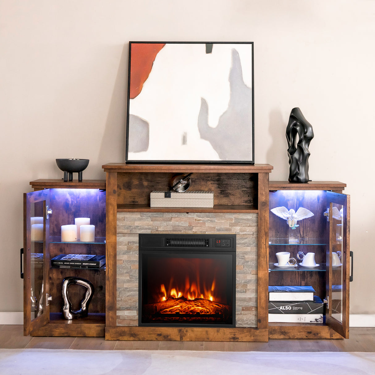 Fireplace  TV Stand with 16-Color Led Lights for TVs up to 65 Inch-Brown
