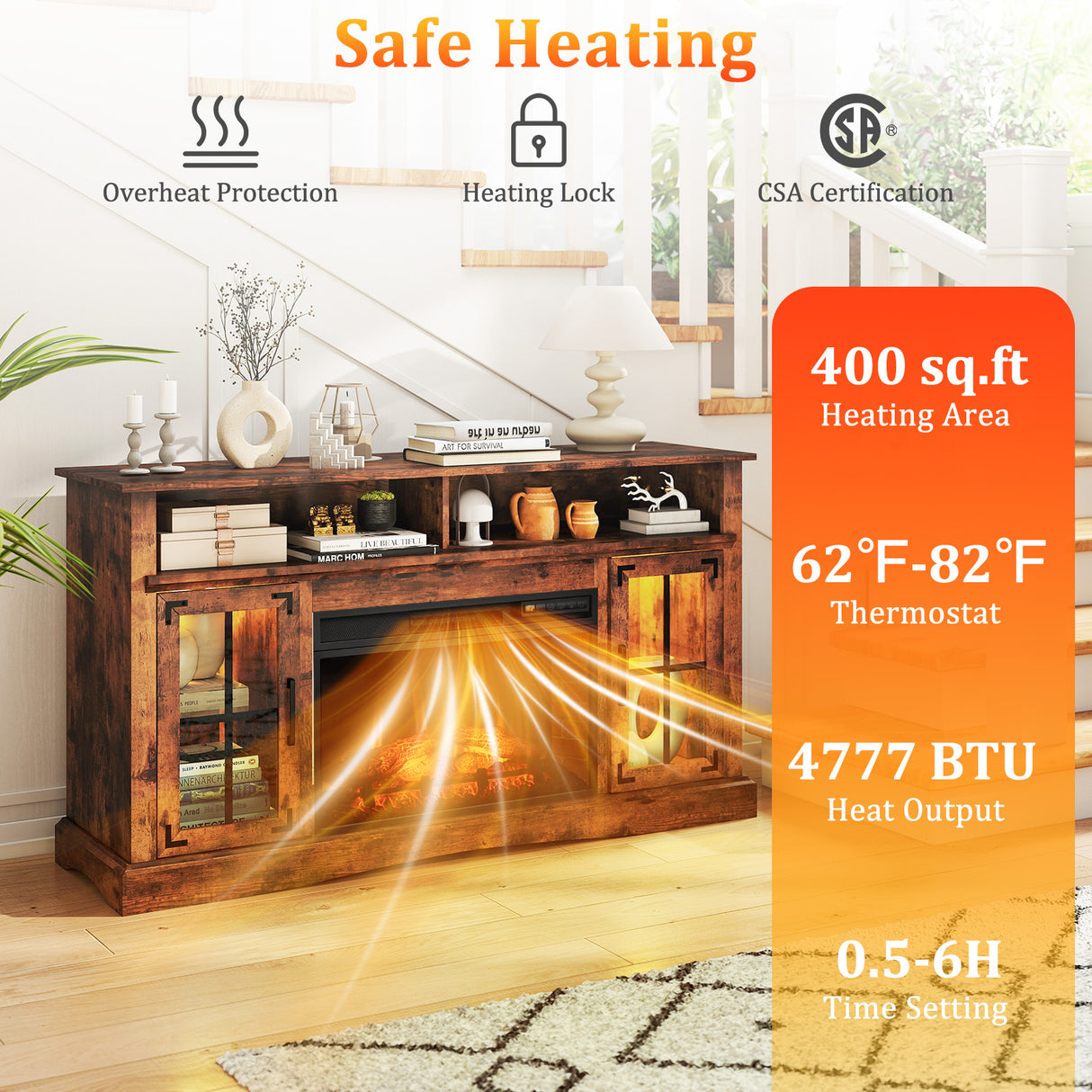 Fireplace TV Stand with Remote Controls and Thermostat for TVs Up to 50 Inch-Rustic Brown