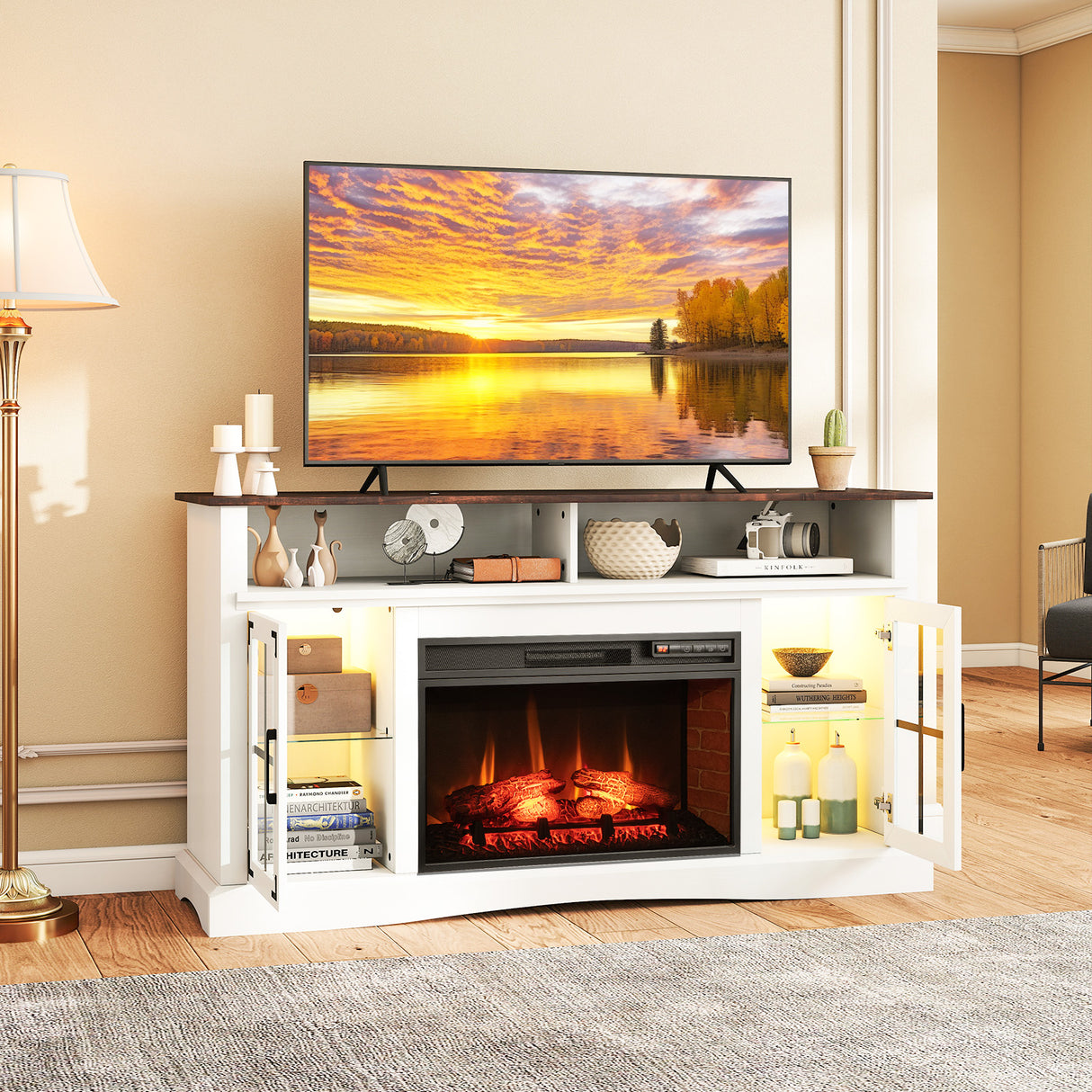 Fireplace TV Stand with Remote Controls and Thermostat for TVs Up to 50 Inch-White