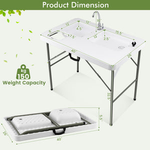 Fish Cleaning Table with 2 Sinks and 360 ° Rotatable Fauce-White