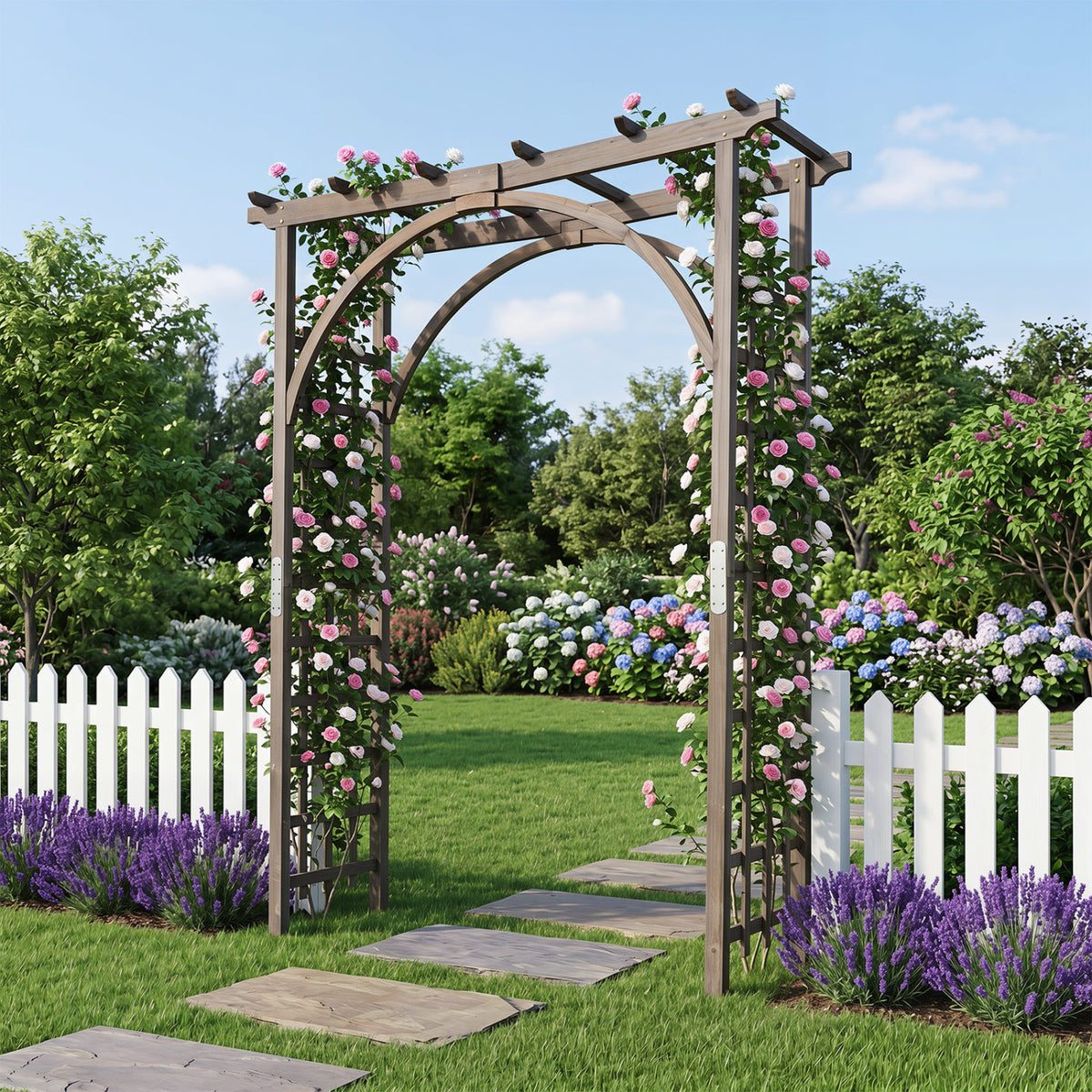 Flat Top Garden Arch Trellis 85" Tall Wood for Climbing Plants and Wedding-Brown
