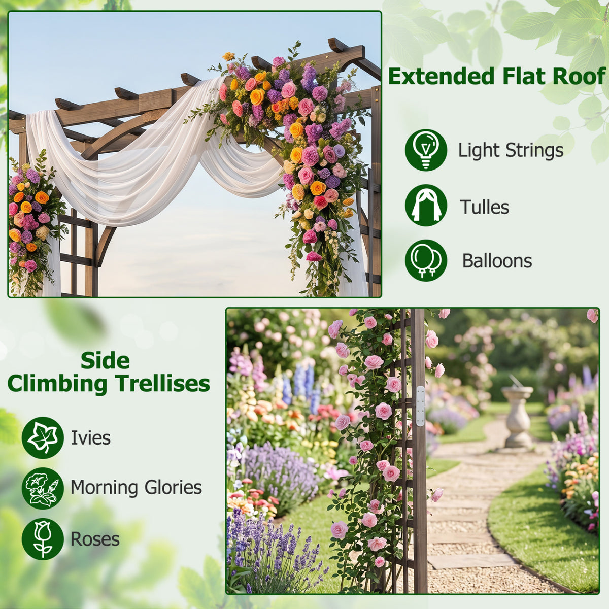Flat Top Garden Arch Trellis 85" Tall Wood for Climbing Plants and Wedding-Brown