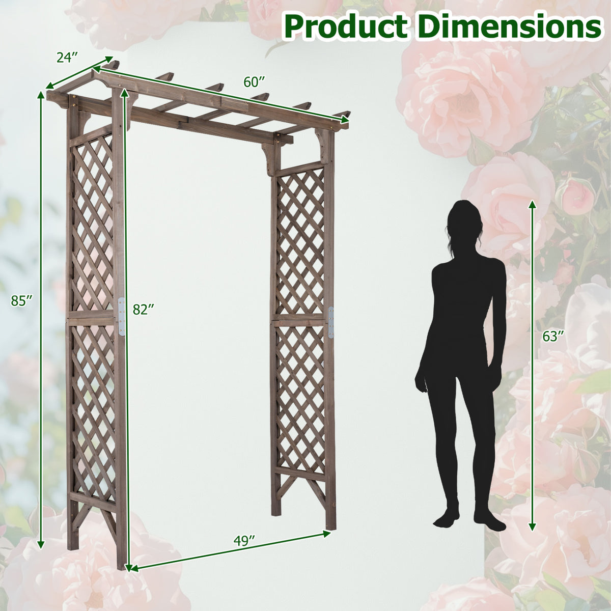 Flat Top Garden Arch with Gate 85" Tall Wood for Climbing Plants and Wedding-Brown