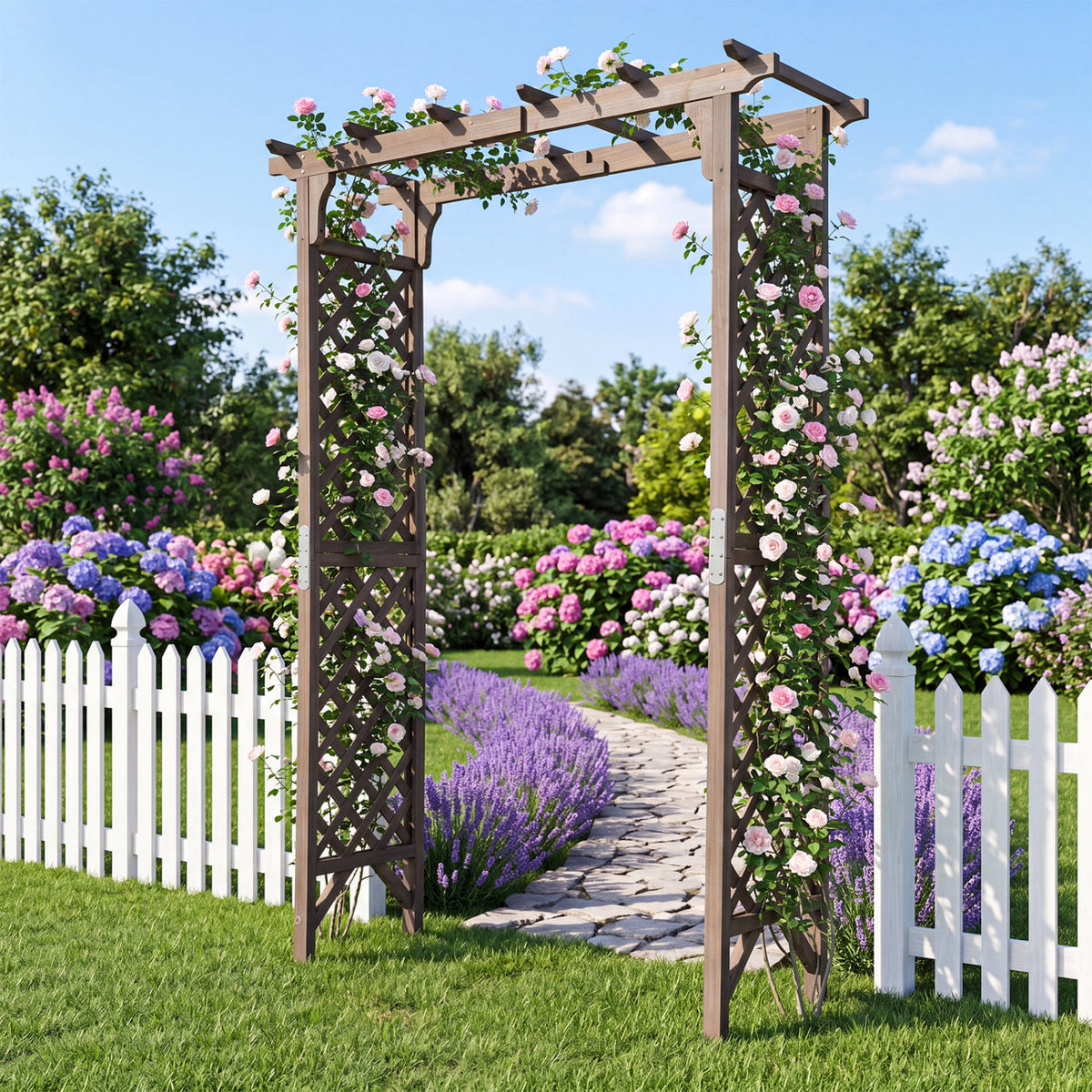 Flat Top Garden Arch with Gate 85" Tall Wood for Climbing Plants and Wedding-Brown